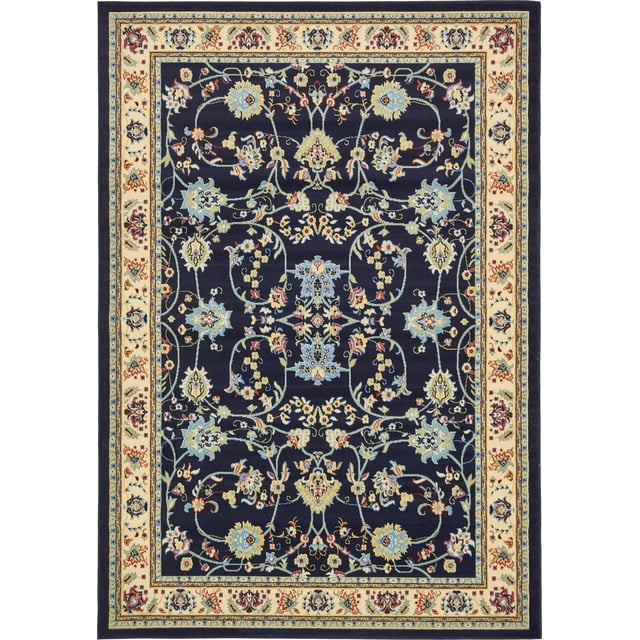 Unique Loom Kashan Traditional Floral Area Rug, 7 x 10 Feet, Navy Blue/Ivory