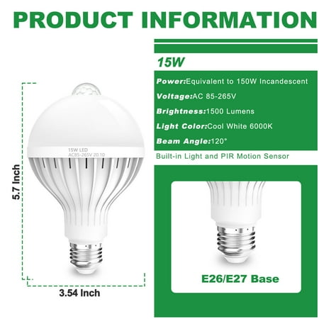 

150W Motion Sensor LED Light Bulb 1500LM E26 Dusk-to-Dawn Energy Saving Bulb