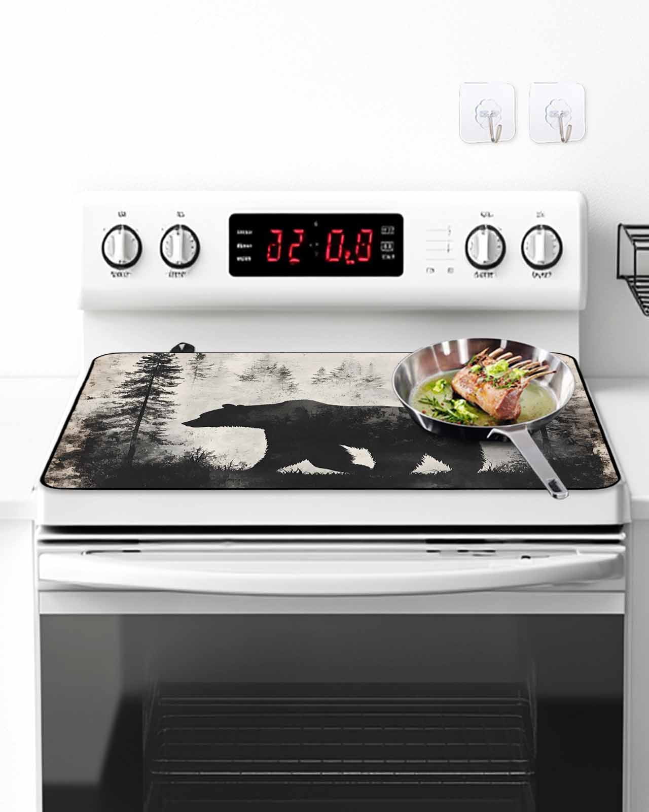 Stove Top Covers for Electric Stove, Brown Bear Glass Stovetop Cover Protector, Retro Forest Nature Tree Silhouette Mountain Induction Cooktop Protector Oven Mat for Kitchen Countertop 24"x21"