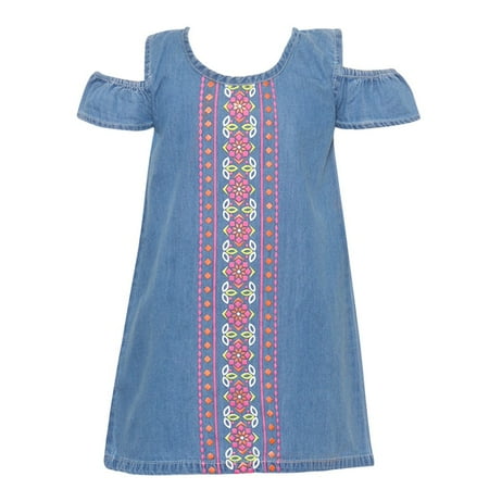 - Little Girls Light Blue Motif Panel Cold Shoulder Vintage Denim Dress