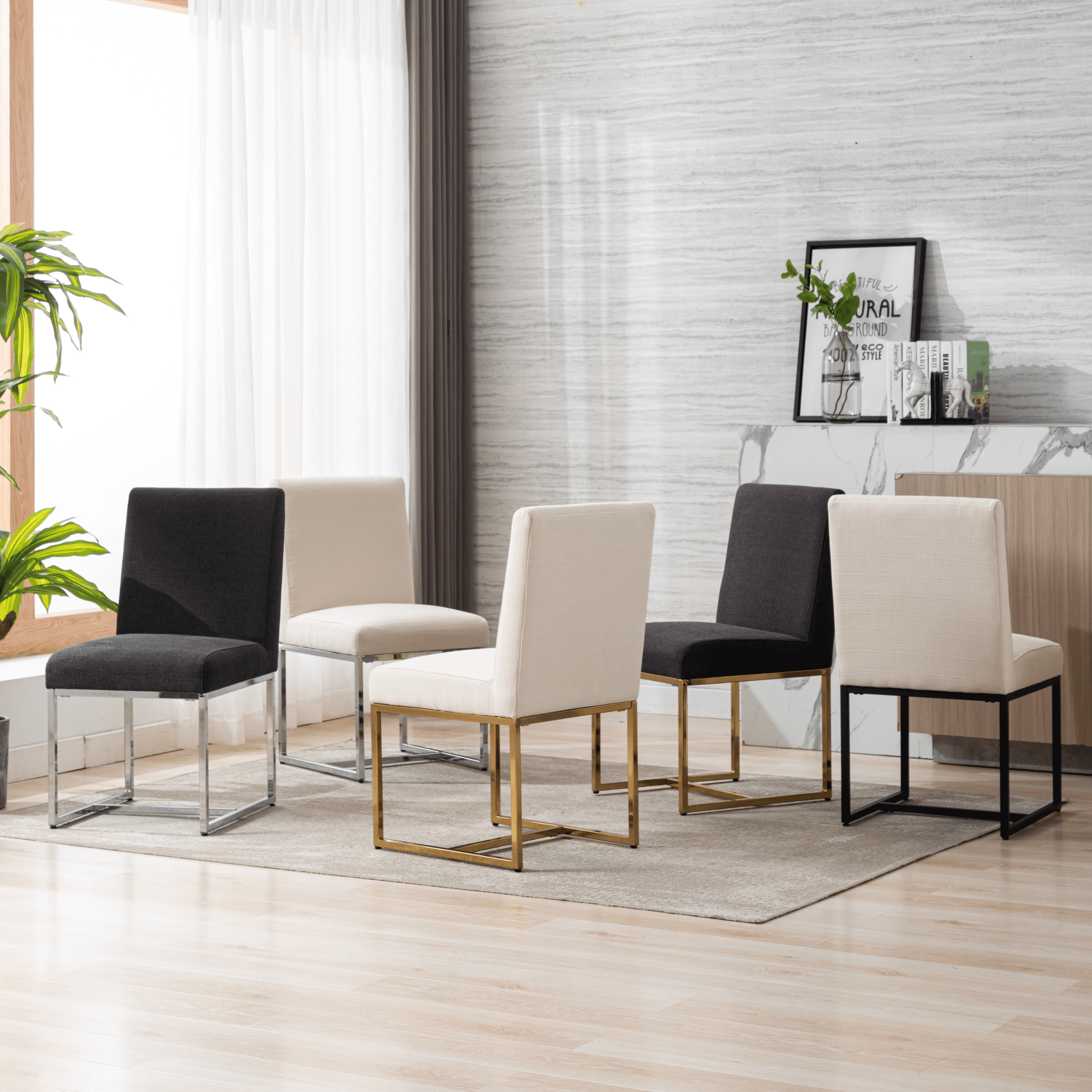 Dayalane Mid Century Modern Dining Chairs Set of 4, Beige Linen Upholstered Kitchen & Dining Room Chairs with Gold Metal Frame, Armless Side Chairs for Living Room