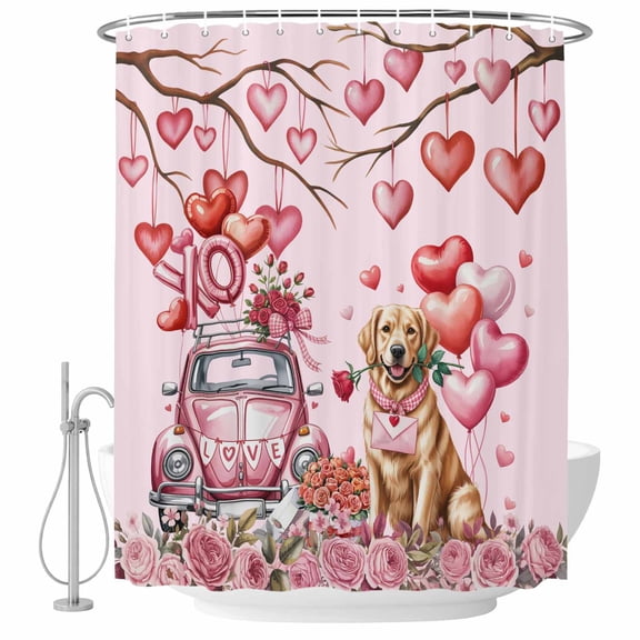Valentine's Day Shower Curtain Set - Long 72" x 84" Washable Bathtub Curtain with 12 Hooks, Watercolor Love Roses Funny Dog Truck Pink Waterproof Fabric Stall Shower Curtains for Bathroom Décor