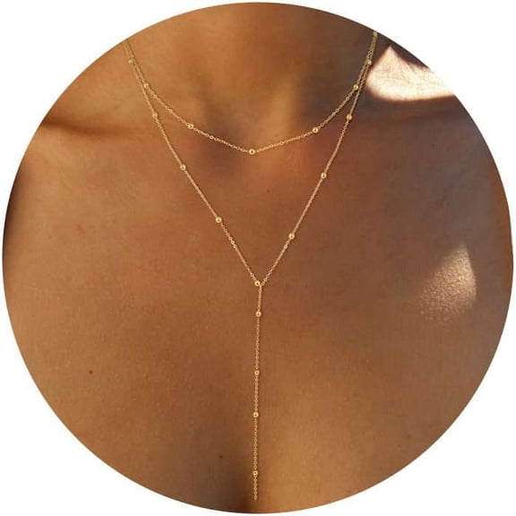 Lariat Gold Necklace for Women, Dainty Long Necklace 14k Gold Plated Y-Shaped Pendant Necklace Trendy Layered Cz Beaded Chain Drop Necklaces Simple Gold Jewelry For Women Gift