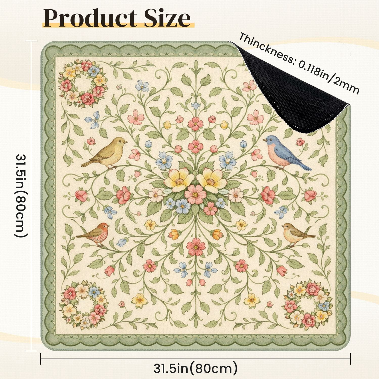 Mahjong Mat 31.5" x 31.5" Floral Vintage Birds Delicate Flowers Non-Slip Noise Reduction Mahjong Tiles Table Cover for Dominoes Poker Card Board and Tile Games