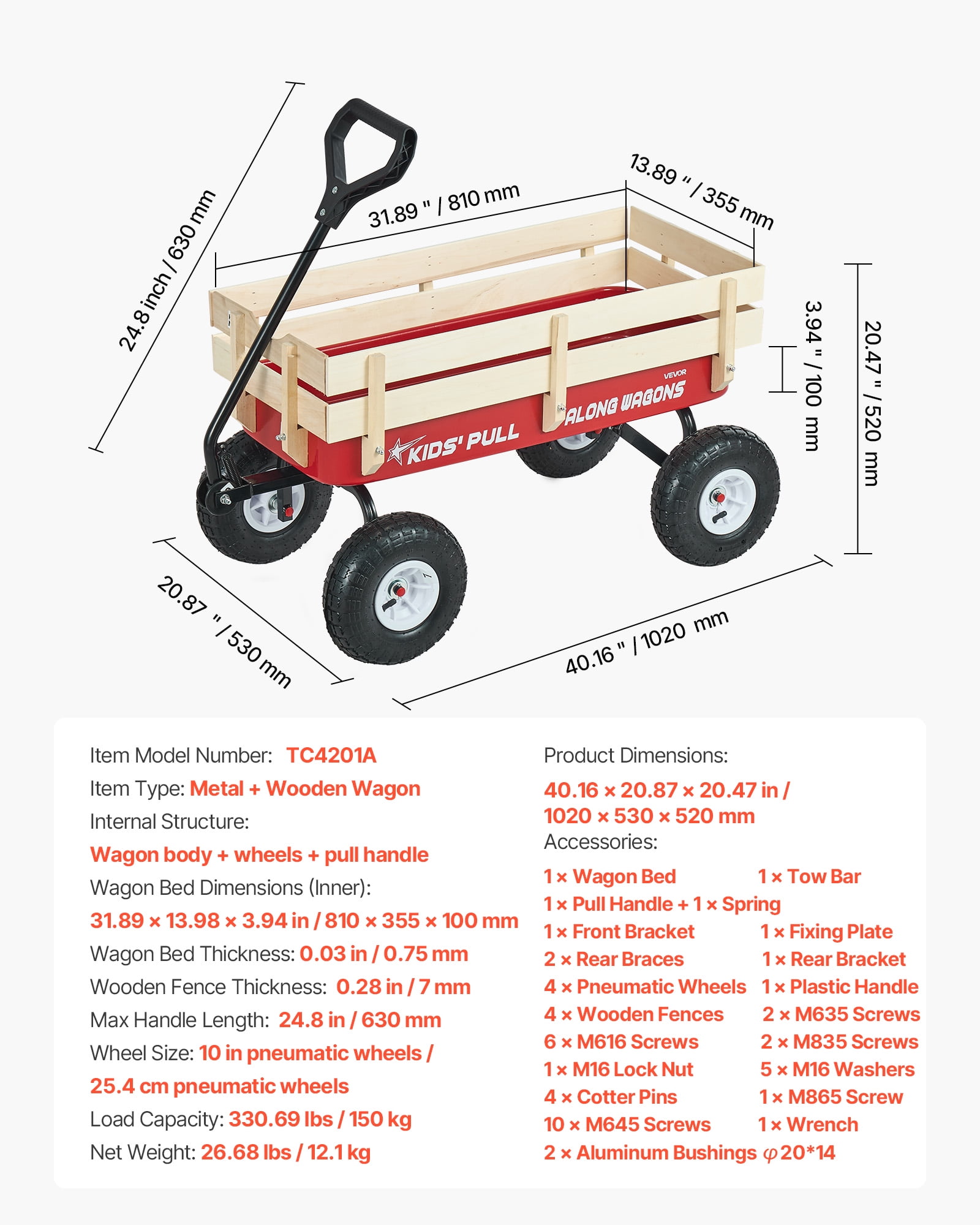 VEVOR Pull-Along Wagon for Kids, 39 inch Toddler Wagons with Wooden Panels & Handle, Supports up to 330 lbs, All-Terrain Utility Wagon Cart Birthday Present for Kids Gardening Beach, Red