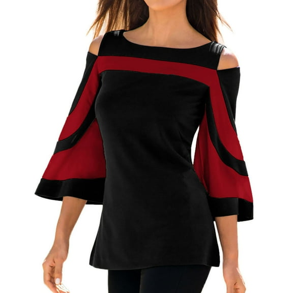 JGGSPWM Women Color Block Blouse Cold Shoulder Tunic Flare 3/4 Sleeve Shirts 2023 Spring Fall Tshirts Boat Neck Tees Dressy Tops Red XXL