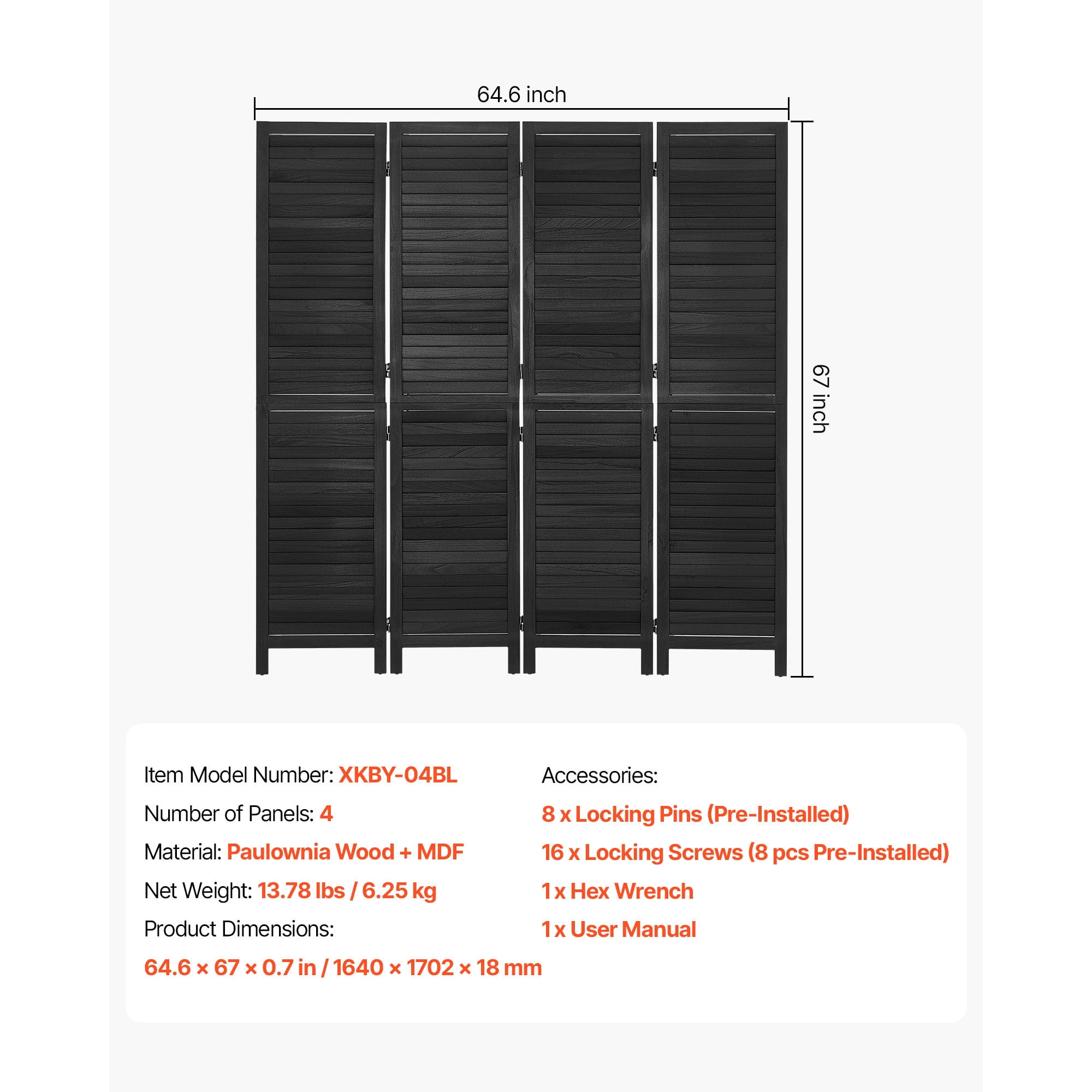 KFFKFF Wood Room Divider with 4 Panels, 67-Inch Folding Privacy Screen in Black, Ideal for Room Separation and Home Decoration, Durable Frame, 360° Two-Way Hinges, Simple Assembly
