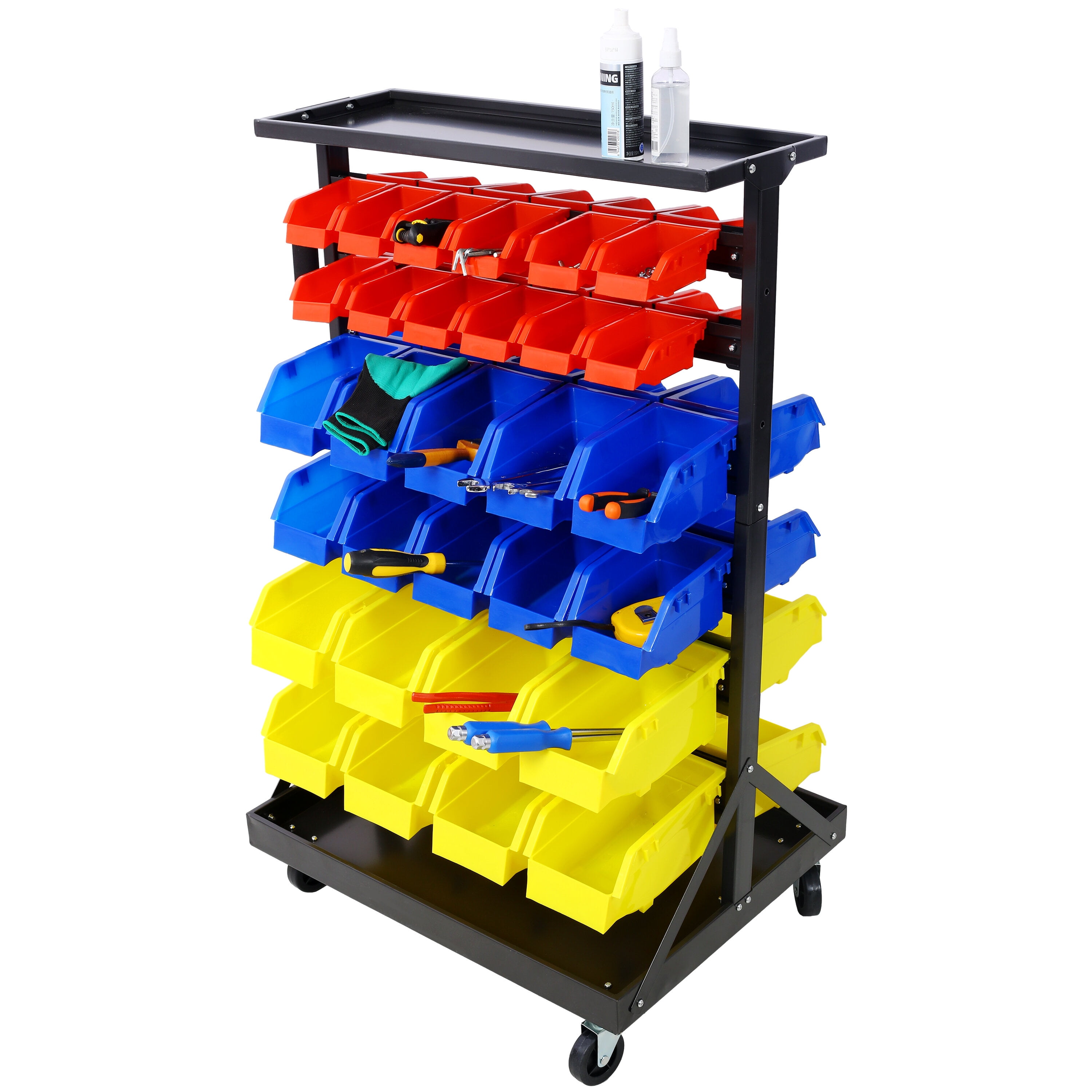 , 6-Tier Dual-Sided Rolling Bin Rack , 350 Pound Capacity, Includes 60 Organizer Bins, with Tray and Casters, Black ,Steel ,
