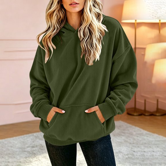 Women's Oversized Corduroy Hoodie, Long Sleeve Pullover Sweatshirt with Kangaroo Pocket, Casual Fall Winter Top | CSEONE,Army Green L