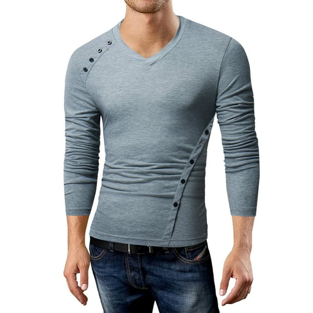 pstuiky Camisas de manga larga de invierno para hombre, Camiseta de manga larga con cuello redondo y botones irregulares de color liso para hombre Tops casuales para hombres xl