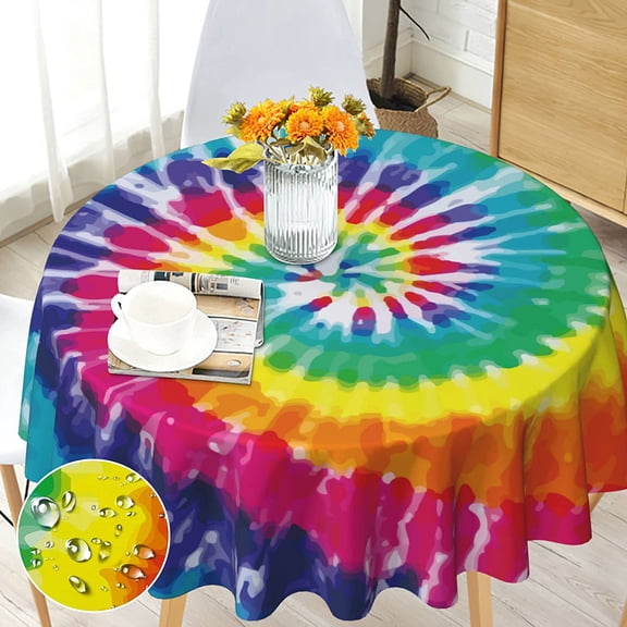 Tie Dye Colorful Round Tablecloth 60 inch, Waterproof, Stain Resistance | Washable Colorful Circle Table Cloth Cover for Dining Kitchen Party Farmhouse Indoor Outdoor, Polyester, 4-6 Seats