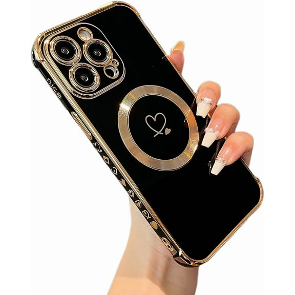 Magnetic Case for iPhone 15 Pro 6.1 inch Case[Compatible with MagSafe] Cute Plating Love Hearts Pattern Case with Camera Protection,Soft Shockproof TPU Bumper Cover for Women Girls,Black