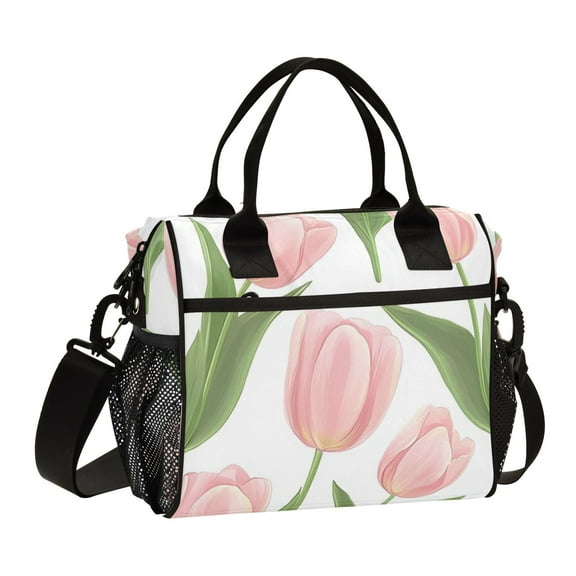 Ckdifva Pink Tulip Flowers Cooler Bag Cooler Cooling Tote Lunch Bag Lunch Box Front Pocket with Shoulder Strap