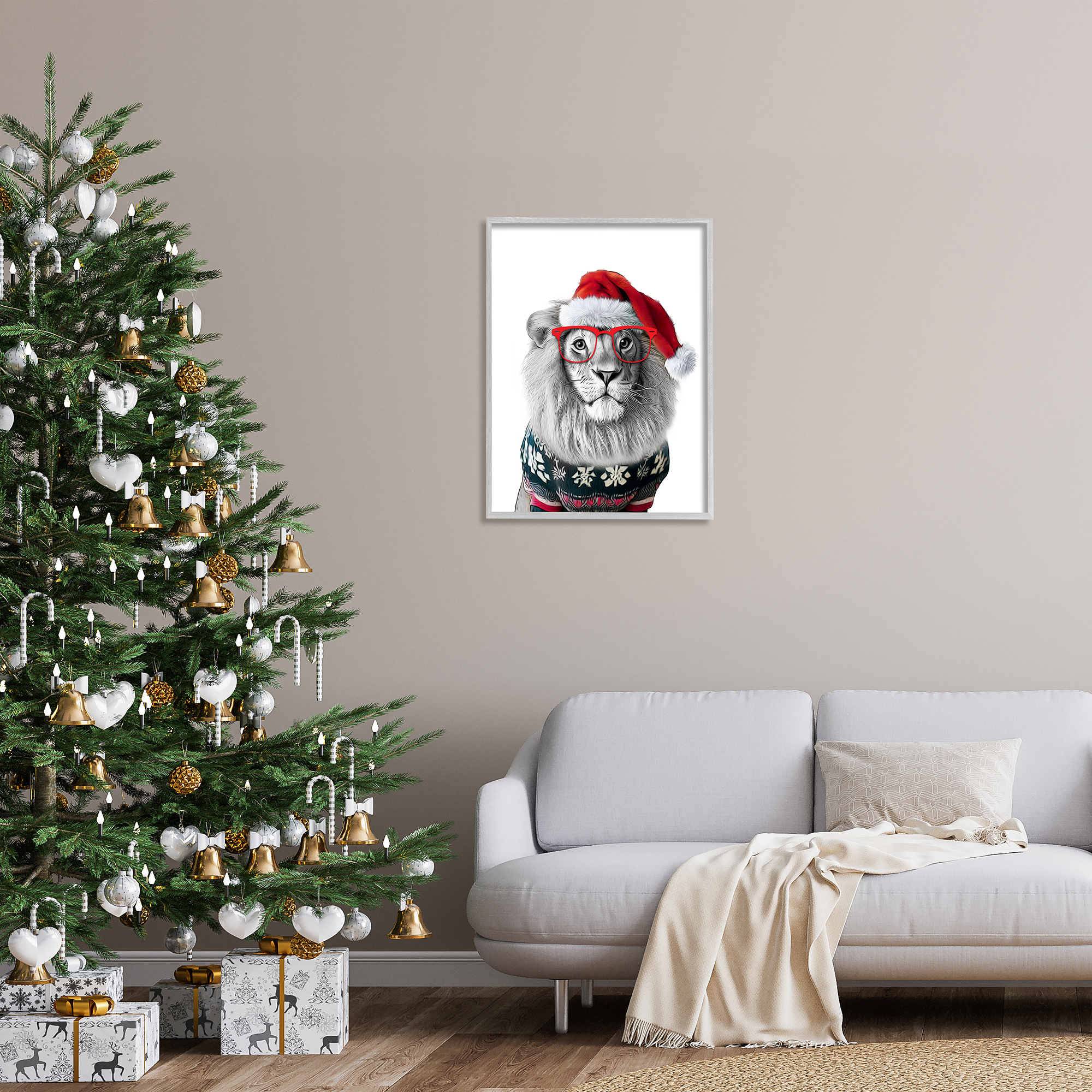 Stupell Industries Lion in Christmas Sweater Holiday Painting Gray Framed Art Print Wall Art, 24 x 30