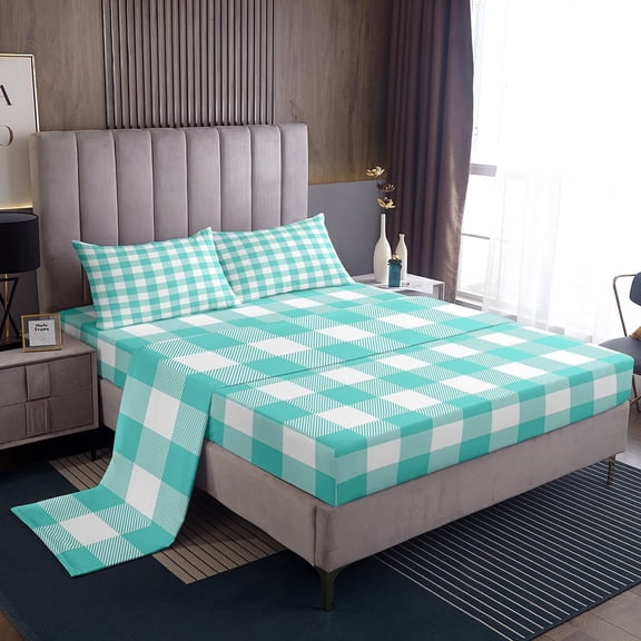 Erosebridal Teal Buffalo Sheet Set Twin,Abstract Artwork Bedding Sets Twin Size,Geometric Plaid Twin Sheet Sets,Super Cozy Grid Room Decorative,3pcs