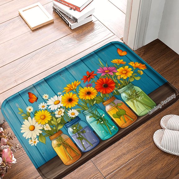 SPXUBZ Non Slip Flannel Polyester Floor Mat With Colorful Flowers In Jars Design For Bathroom Kitchen Bedroom Decoration 31.5x19.7 inch