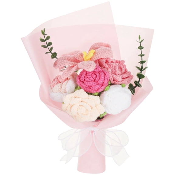 Crochet Flower Bouquet, Handmade Knitted Pink Roses, Fake Flowers Bouquet with Gift Wrap, Anniversary Mother’s Day Birthday Gift for Women
