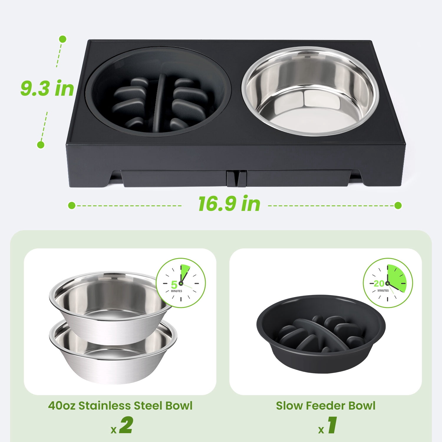Elevated Dog Bowls Stand with 2 Stainless Steel Bowls & 1 Slow Feeder Adjusts to 5 Heights for Small Medium and Large Dogs(Black)