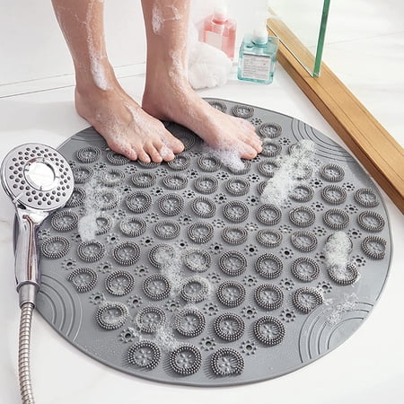 Round Non Slip Shower Mat , Bathtub Mat with Suction Cups, Textured Surface Anti Slip Bath Mats with Drain Holes,for Shower Tub Bathroom Mat, 22 X 22 Inches Grey
