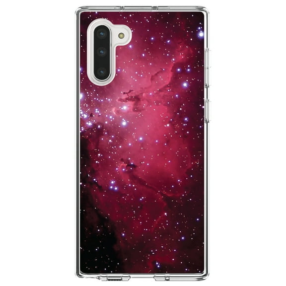 DistinctInk Clear Shockproof Hybrid Case for Samsung Galaxy Note 10 (6.3" Screen) - TPU Bumper, Acrylic Back, Tempered Glass Screen Protector - Hot Pink Black Stars Nebula - Astronomy