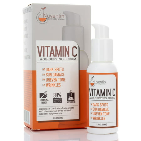 2oz Nuventin Vitamin C Serum for Dark Spots, Sun Damage, Uneven Skin Tone, Wrinkles.  Anti-aging serum with Manuka Honey, Hyaluronic Acid, Jojoba See Oil, Vitamin