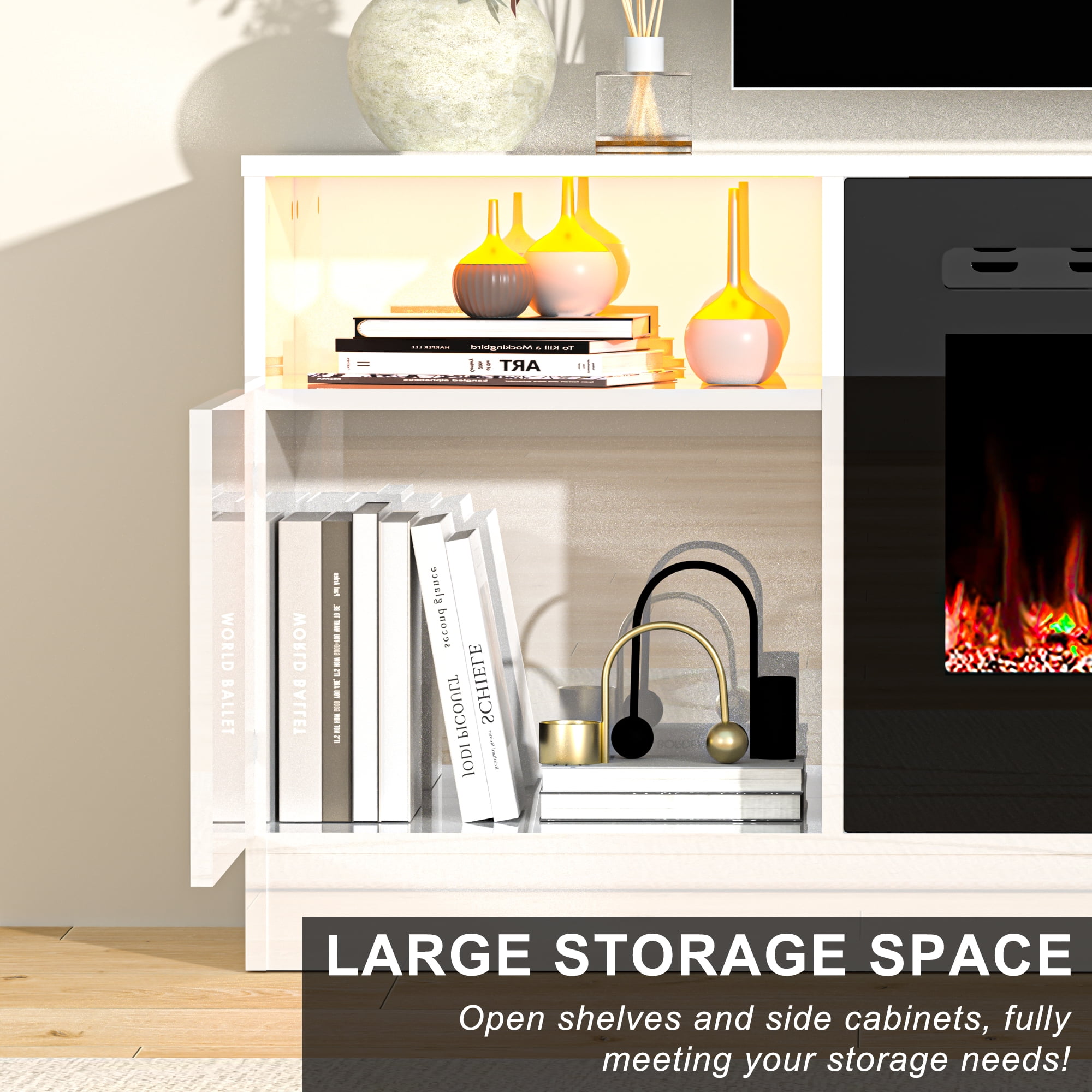 HARIPUL 70" Fireplace TV Stand for TVs Up to 80" with 36" Electric Fireplace, TV Console for The Living Room, LED Light Entertainment Center, Storage Cabinet, Media Console Table, White
