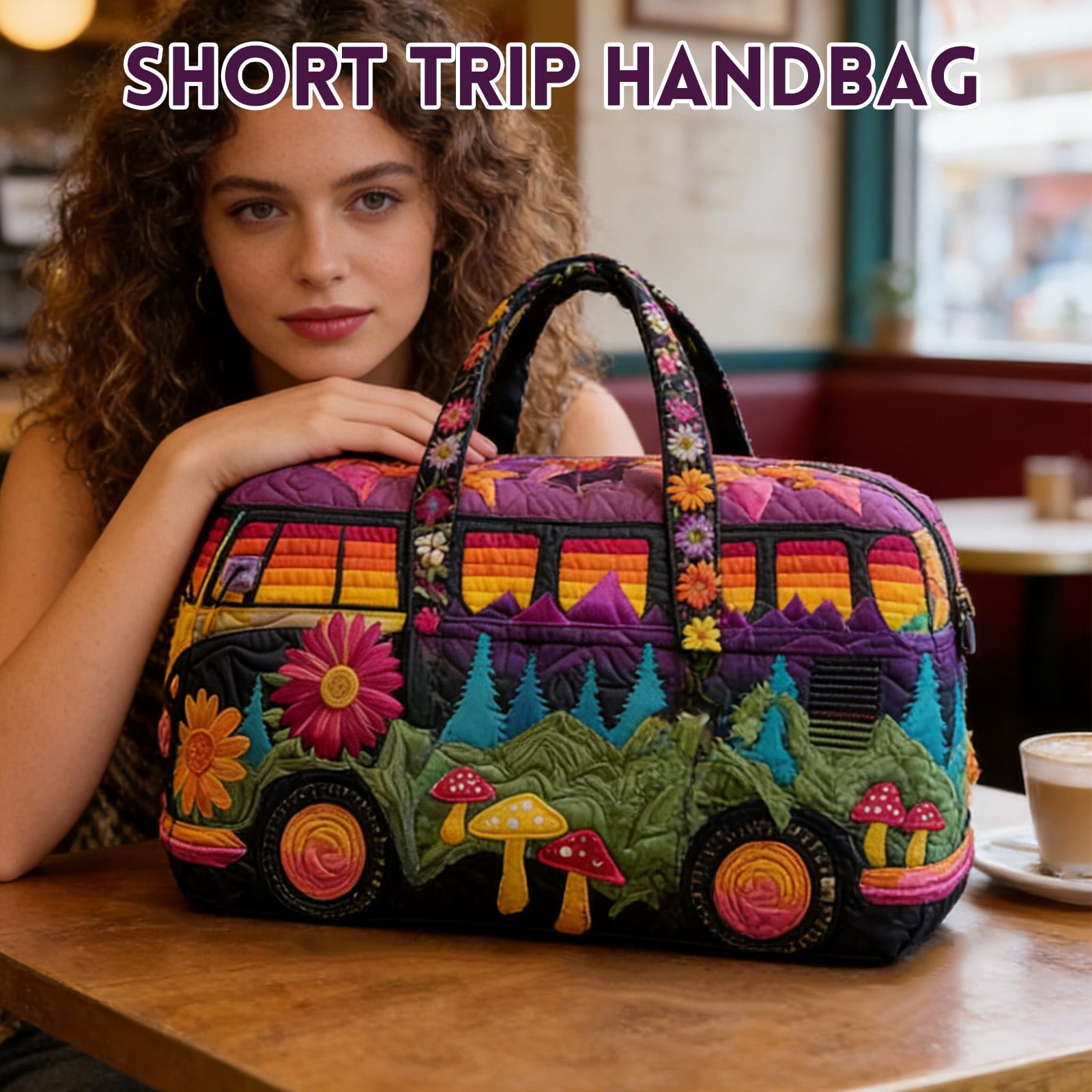 16x8x8 Inch Hippie Van Quilted Duffle Bag, Boho Travel Weekender Bag with Strap, Retro Style for Everyday Travel