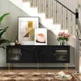 thumbnail image 4 of TV Stand for TVs up to 75", Mid Century Modern TV Console with 3D Flower Pattern, Wood Entertainment Center with 2 Fluted Glass Doors, Media Console Table with Storage for Living Room, Black, 4 of 17
