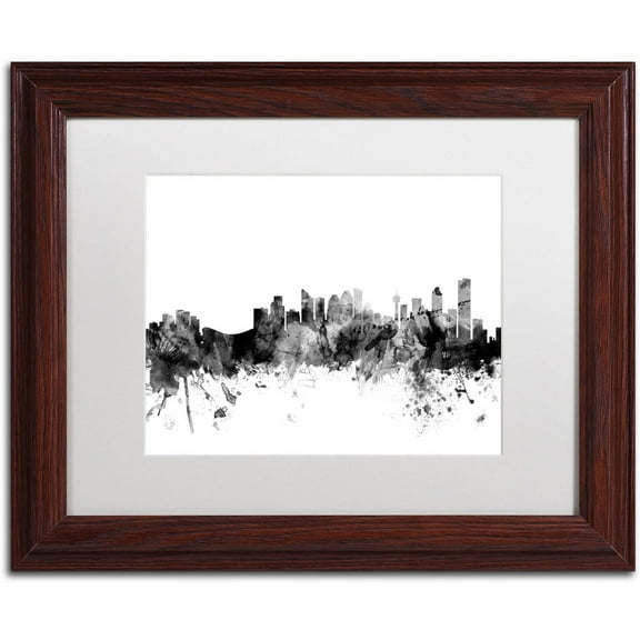 Trademark Fine Art "Calgary Canada Skyline B&W" Canvas Art by Michael Tompsett, White Matte, Wood Frame