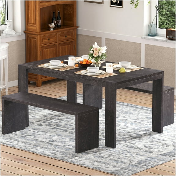 JERFIT Farmhouse Dining Table Set with 2 Benches, 3-Piece Espresso Wood Kitchen Table and Chairs for Dining Room, Living Area