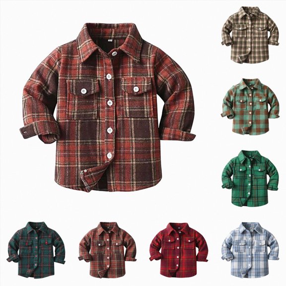 Splozh Boys Jacket Kids Little Boys Girls Baby Long Sleeve Button Down Plaid Flannel Shirt Girl Boy,Green,6-7 Years