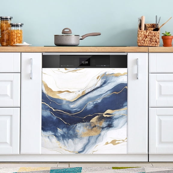 Blue Marble with Gold Magnetic Dishwasher Cover Magnet Refrigerator Dishwashers Sticker Kitchen Decorative Art Panel Decal 23"x26"