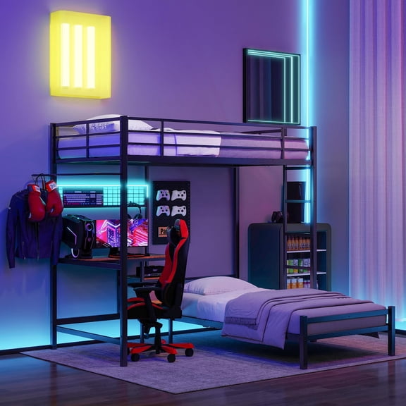 DeepRoar Twin Over Twin Bunk Bed with Desk, Metal Bunk Bed with Led Lights and Charging Station, L-Shaped Bunk Beds with Storage Shelves and Drawers, Space Saving Bunk Bed for Teens and Adults, Black