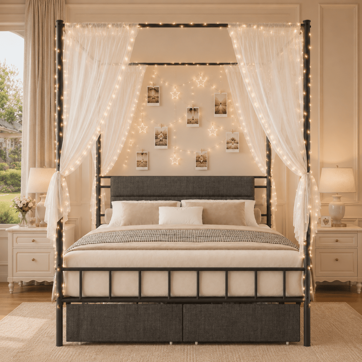 FullSize Bed Frame, HSUNNS Upholstered Full Size Canopy Bed Frame with 2 Storage Drawers, Headboard and Footboard, Metal Platform Bed with Under-Bed Storage, No Box Spring Needed, Black+Gray