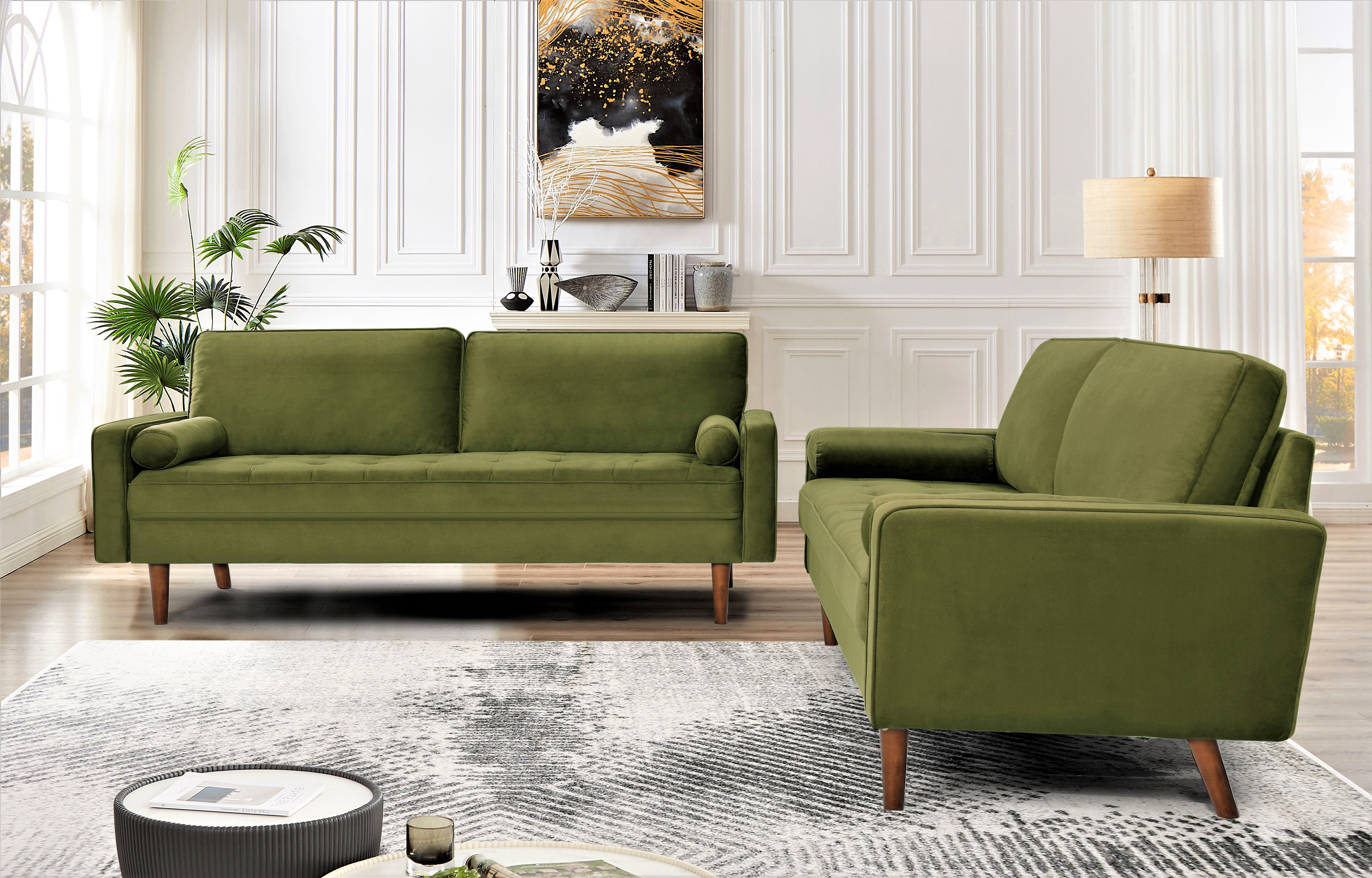 US Pride Furniture Monahan Velvet 2PC Living Room Sets Sofa Loveseat Olive Green