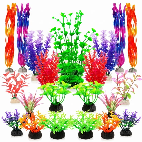 22 PCS Artificial Aquarium Plants, Colorful Fish Tank Decorations, Plastic Fake Aquarium Plants for Betta Fish, Freshwater Aquarium Decor Accessories, Mixed Heights