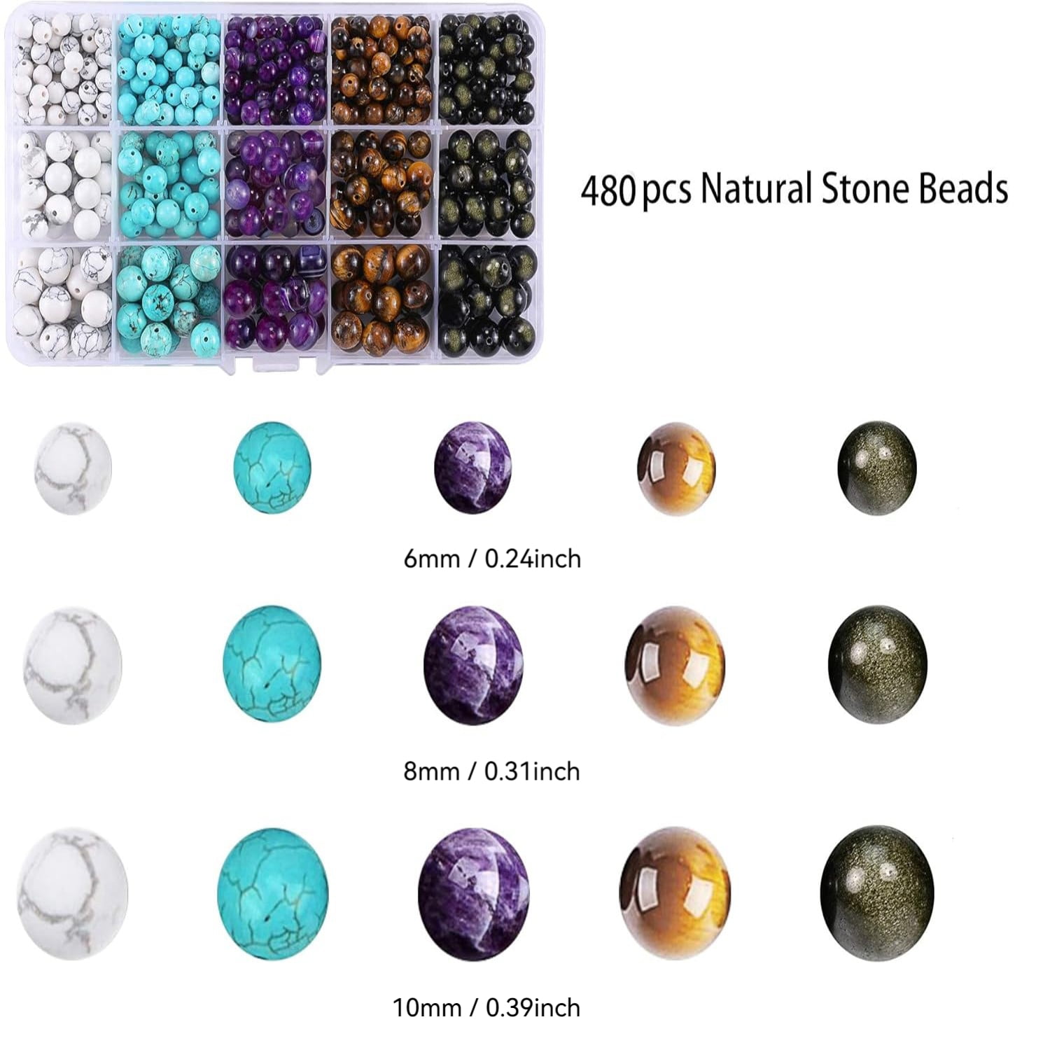 480Pcs 3 Sizes 5 Colors 15-Grid Natural Stone Beads - Universal DIY Jewelry & Gift Making Supplies