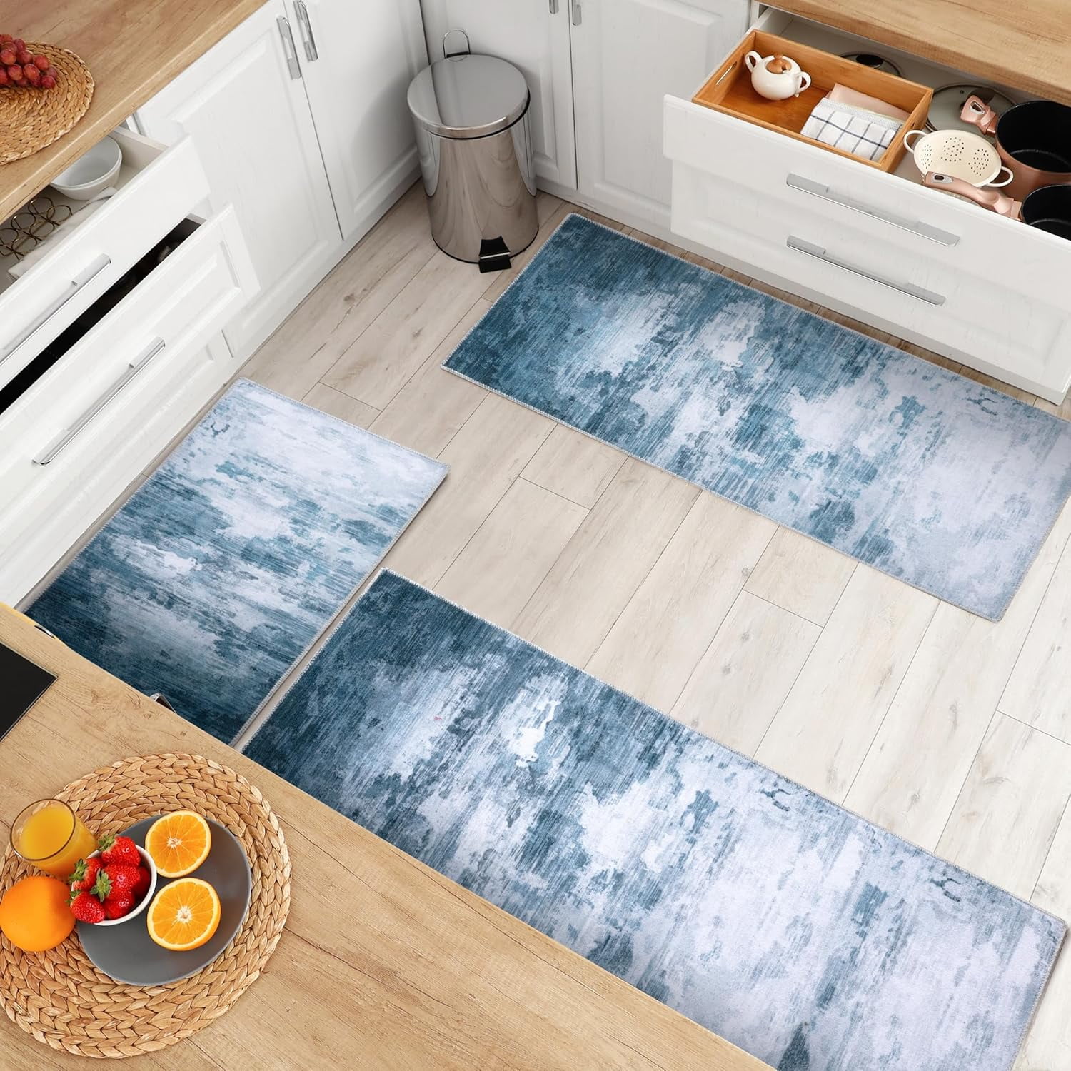 Washable Non Slip Kitchen Rugs Set of 3,Modern Abstract 3 Piece Kitchen Mats for Floor,Absorbent Carpet for Kitchen,Soft Low Pile Kitchen Runner Rug for Sink,Laundry,Washroom,Dark Blue