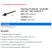 Front Inner Tie Rod End - Compatible with 1997 - 2001 Honda CR-V 1998 1999 2000