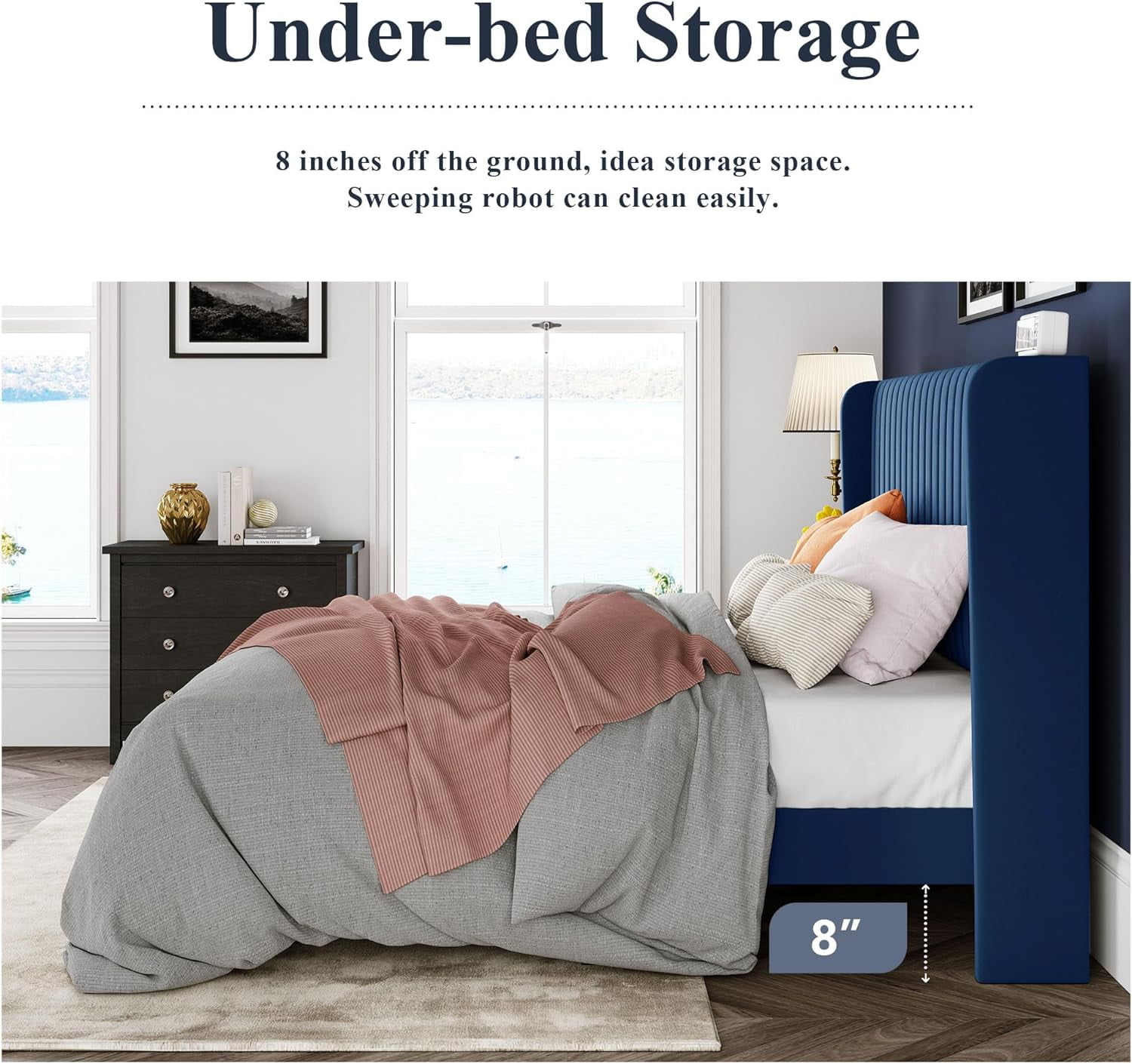 Allewie Queen Size Velvet Bed Frame/Vertical Channel Tufted Wingback Headboard/Upholstered Platform Bed/Strong Wooden Slats/No Box Spring Needed/Easy Assembly/Blue
