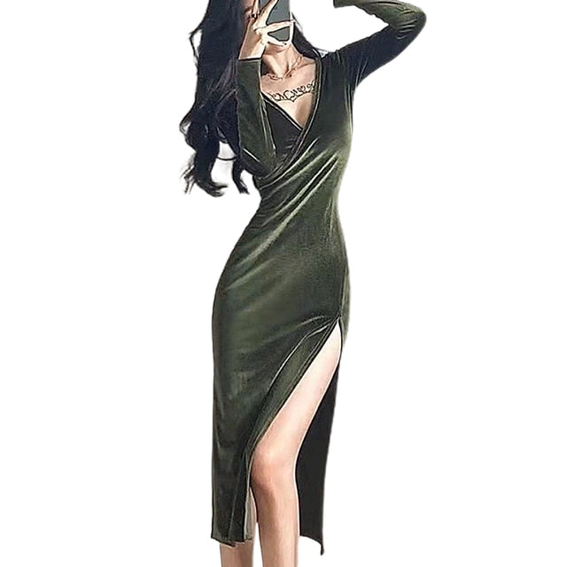 Laklulu - Vestido mini de fiesta sexy ajustado con escote en V y mangas, para mujer, verde, XL