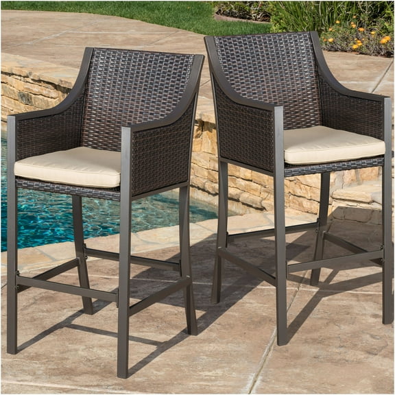 JERFIT Modern Bar Stool with Cushion, PE Wicker Back, Iron Aluminum Frame for Patio, Kitchen Island, Brown Multi Fabric