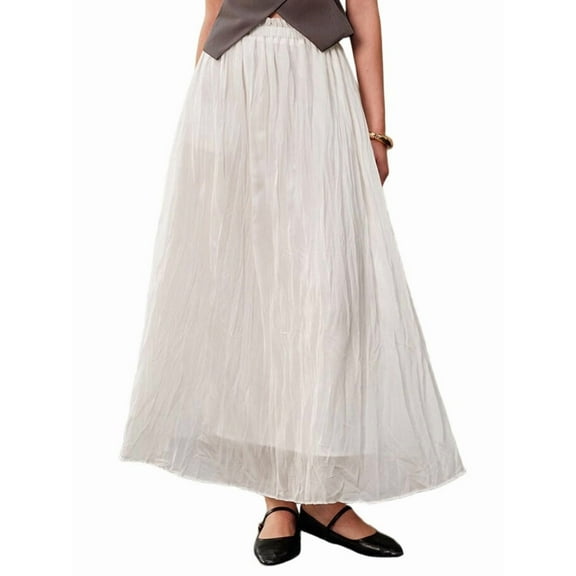 Women'S Elastic Waist A-Line Pleated Casual Long Skirt Elegant Long Skirt White XL