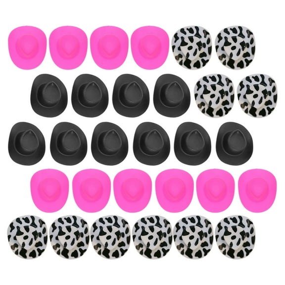 RENACLIPY Mini Plastic Sombrero Cow Print Black Mini Cowboy Hat 30Pcs 5.30X4.50X1.70cm