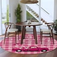 thumbnail image 4 of Pink Plaid Washable Round Area Rug 5 ft, Truck With Roses Romantic, Soft Non Slip Rugs Stain Repellent Indoor Felt Carpet for Living Dining Room Bedroom Home Office, 4 of 9
