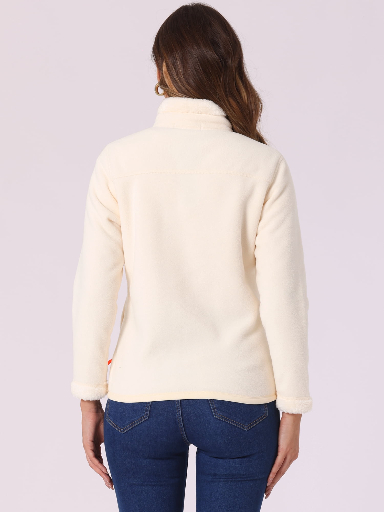 Unique Bargains Women's High Neck Full Zip Fleece Jacket Coat S White