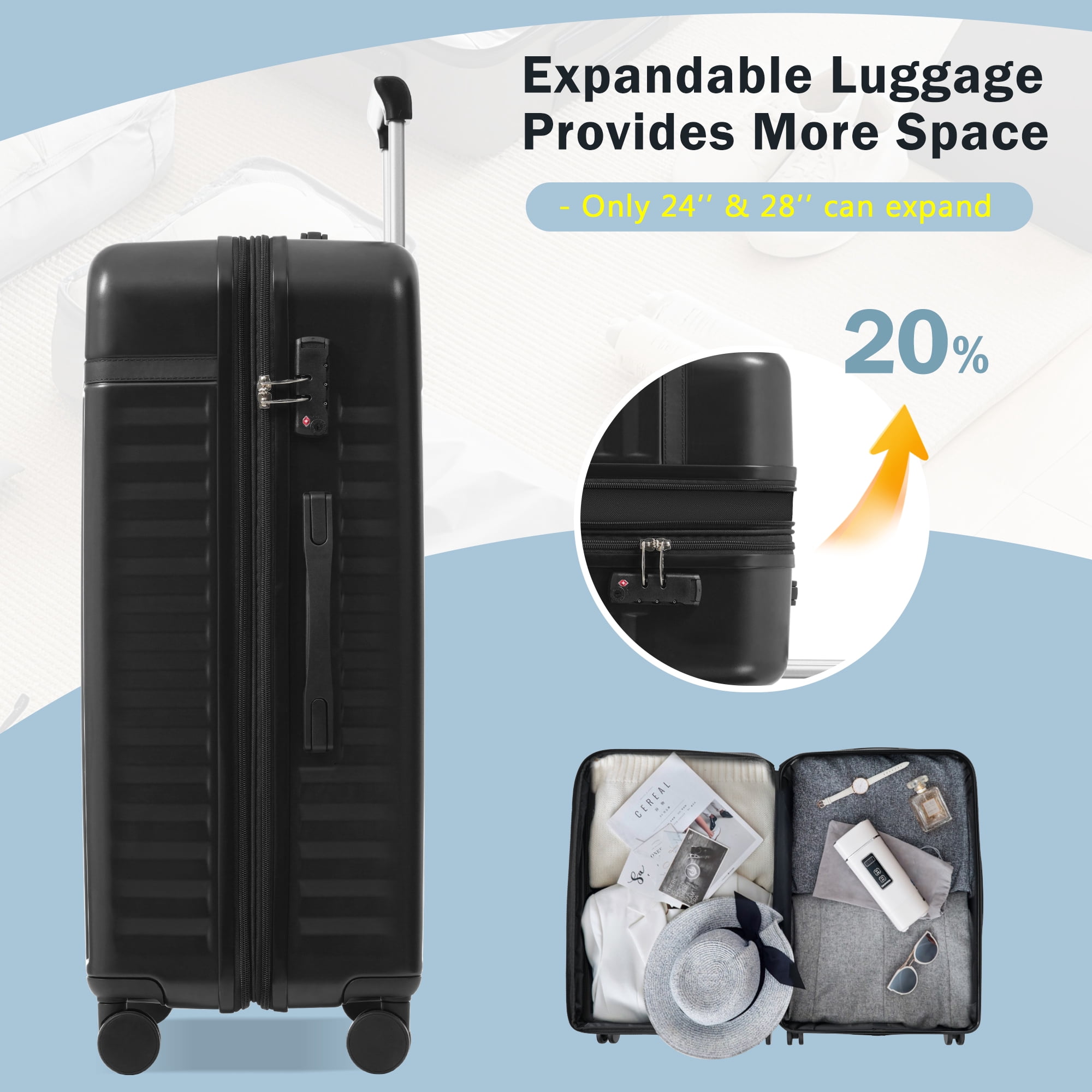 MAYEERTY 5-Piece Expandable Luggage Set (20"+24"+28"+Duffel+Toiletry Bag), ABS Hardside with TSA Lock & Spinner Wheels, Black