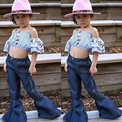 

2PCS Summer Toddler Baby Girls Floral Clothes Ruffle Tops Jeans Pants Outfits