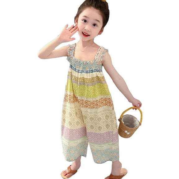 RUTAYY Children Girls' Pants Spaghetti-Strap Patterned Patchwork Jumpsuit Quick-Drying Fabric, Pink, 4-5 Years