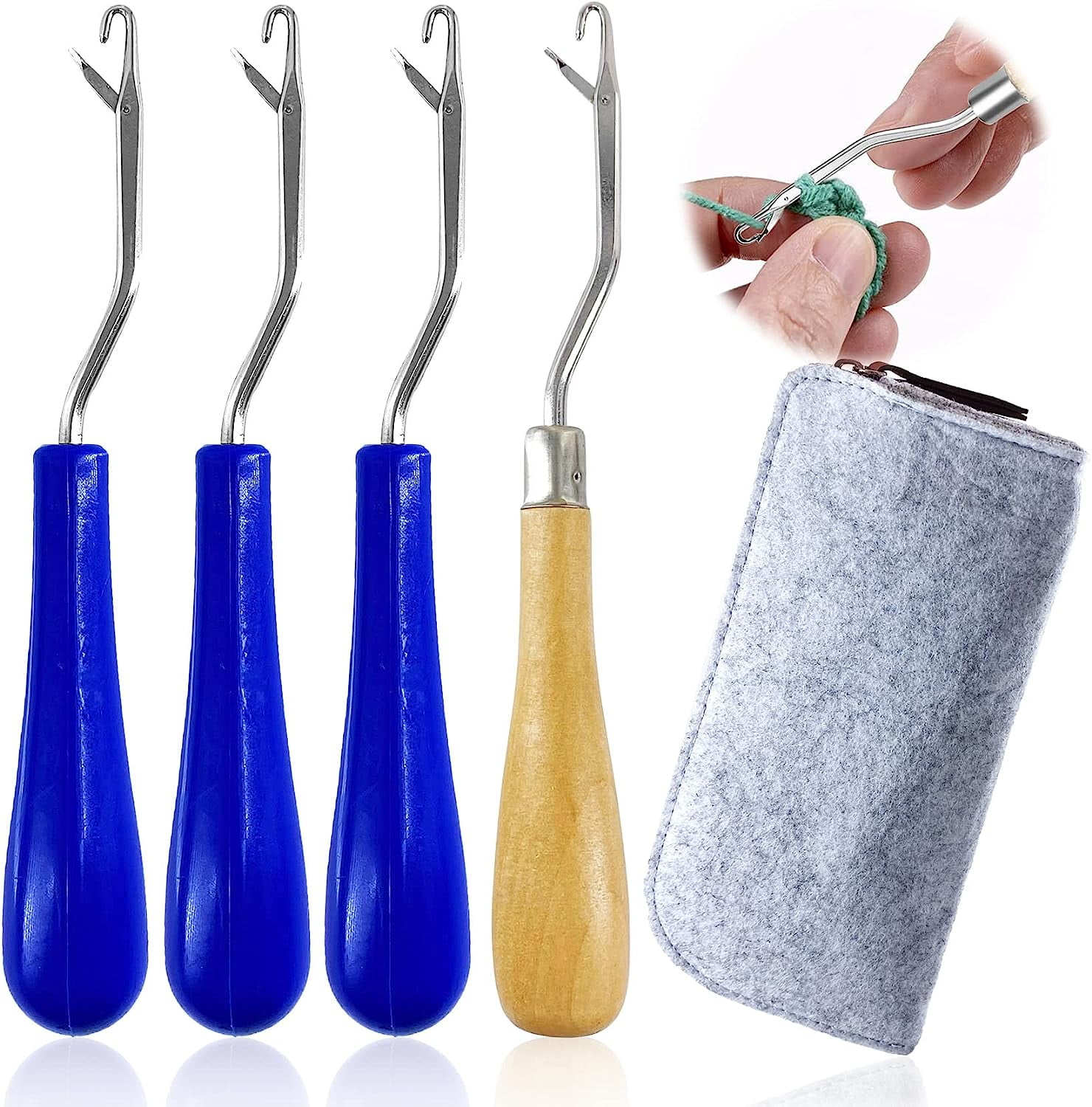 4 Pack Latch Hook Tools Wooden Plastic Blue Handle Bent Latch Hooks for DIY Carpet Making and